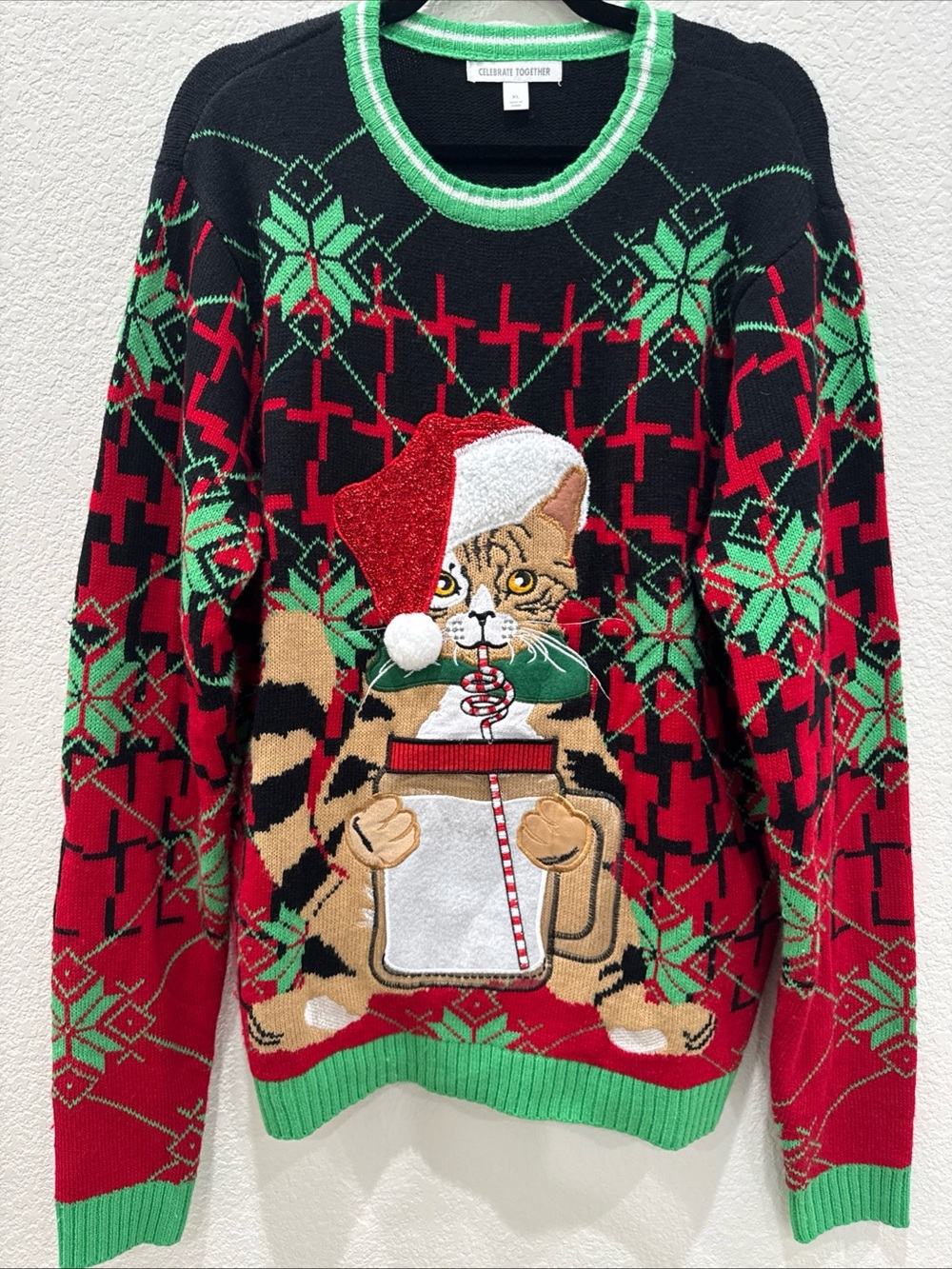Celebrate Together Ugly Christmas Sweater Womens XL Cat Hot Cocoa Holiday